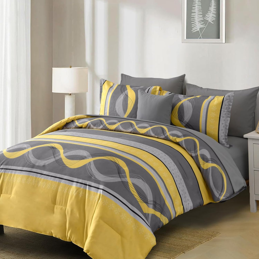 Yellow Comforter Set, 8 Pieces Bed in a Bag Patchwork Striped Bedding Sets, Boho Soft Microfiber Bedding