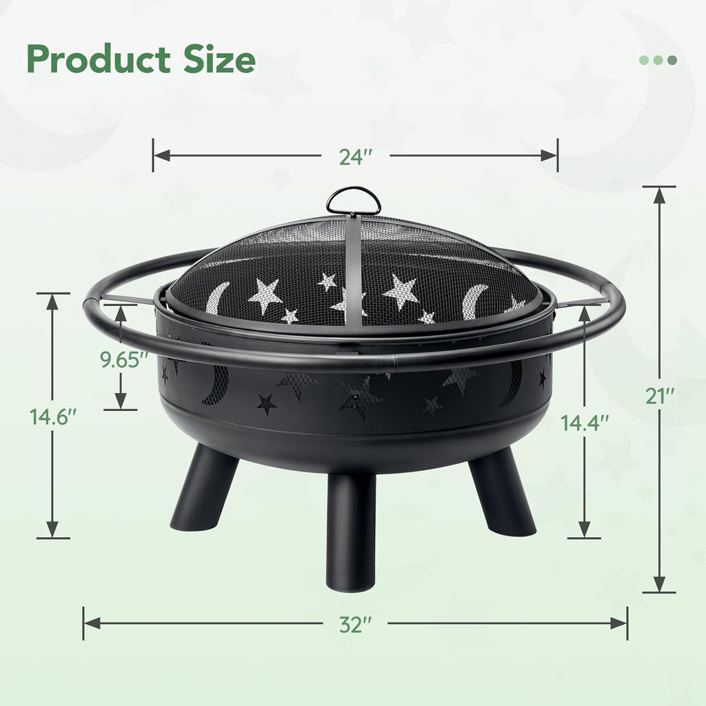 32 Inch Round Fire Pit with Mesh Cover, Fire Poker, Star and Moon Design, Metal Wood Burning Outdoor Firepit