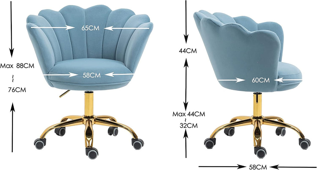 Comfy Home Office Task Chair with Wheels, Cute Modern Upholstered Velvet Seashell Back Adjustable Swivel Vanity Desk
