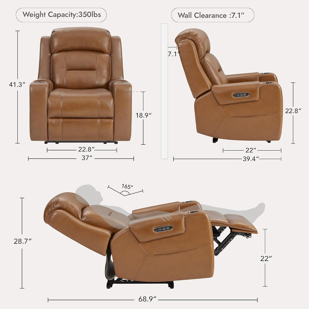 Genuine Leather Power Recliner Chairs for Adults, Lay Flat Recliner with Power Headrest, USB Ports and Cup Holders