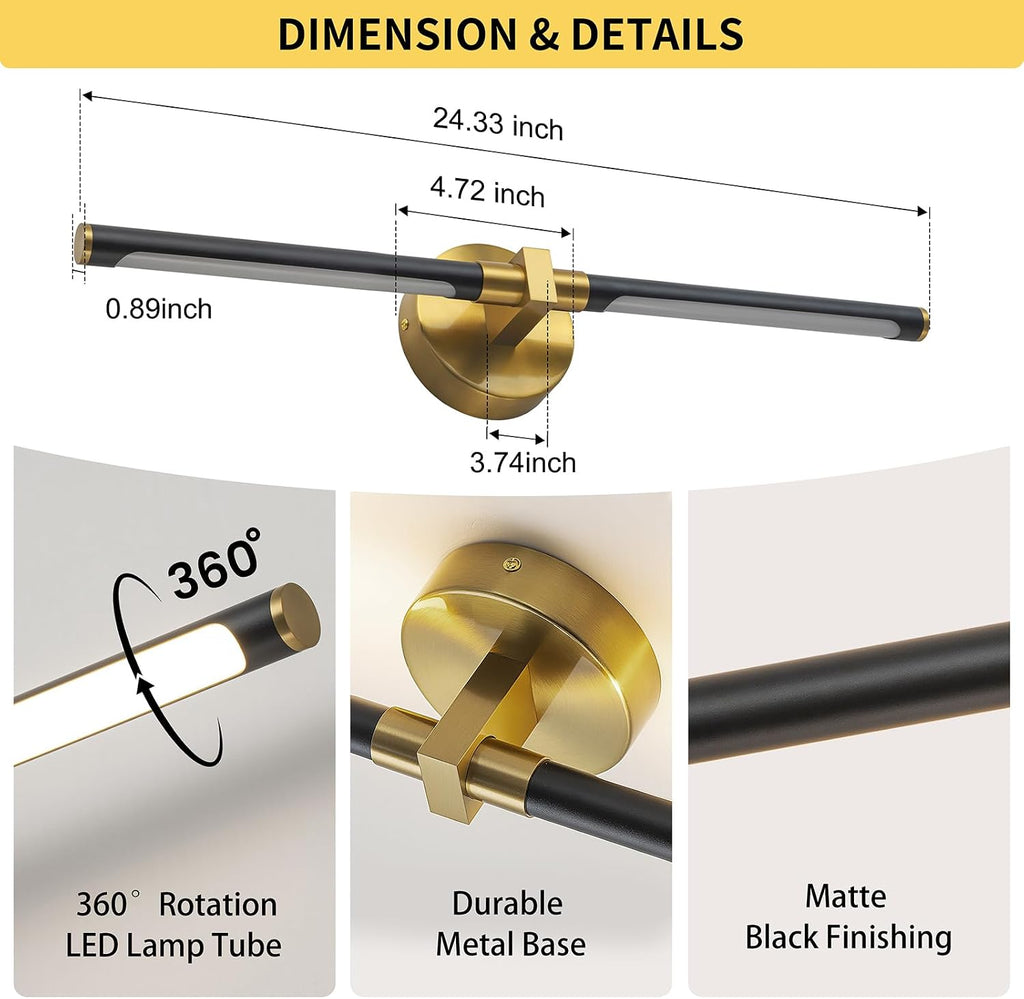 2026 Upgrade Vanity Lights, 24", Black and Gold Bathroom Light Fixture | 18W Brighter, 4000K, 360° Rotatable, CRI