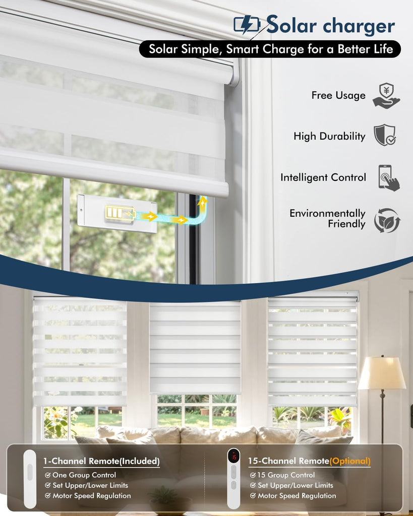 No Drill Motorized Zebra Blinds with Remote,Cordless Shades Dual Layer,Thermal Insulated Upgraded Shades(White