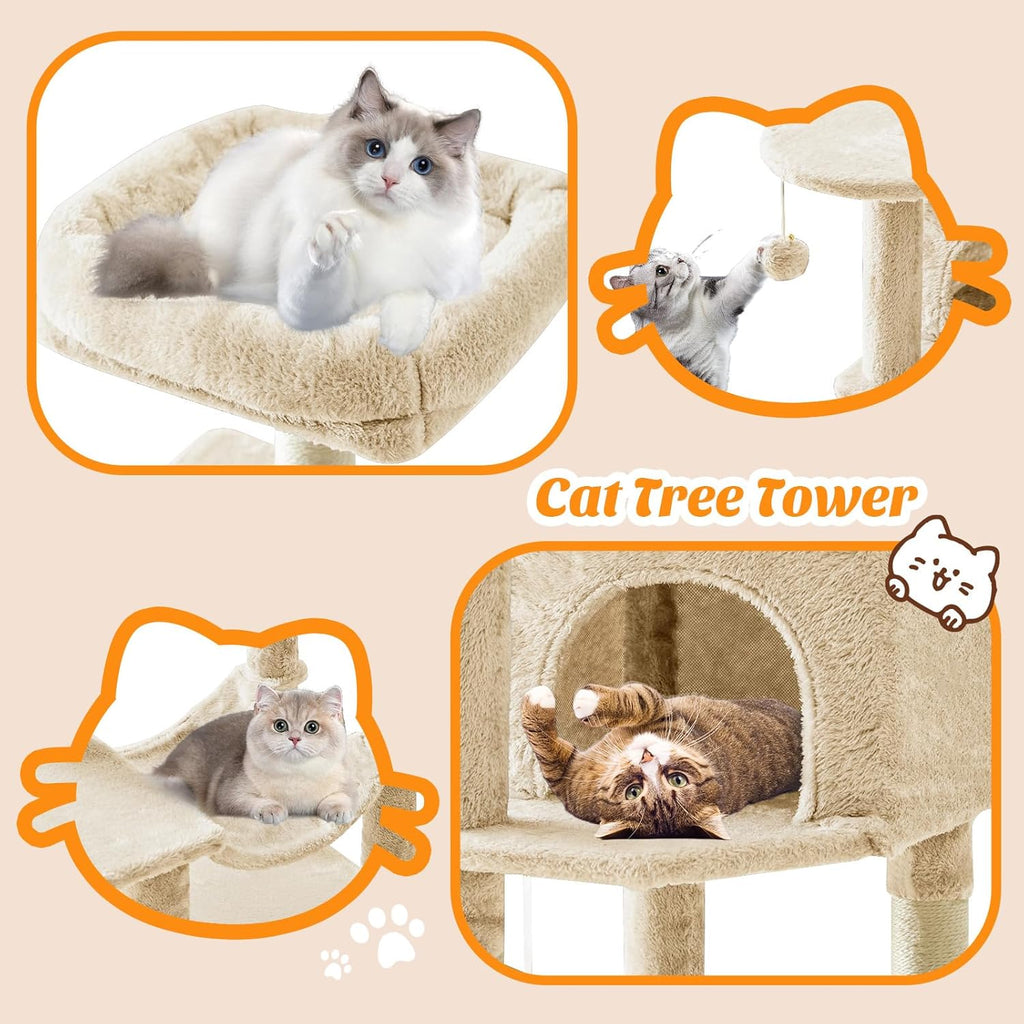 44 Inch Cat Tree Tower, Cat Climbing Tower with Natural Sisal Scratching Posts, Hammock