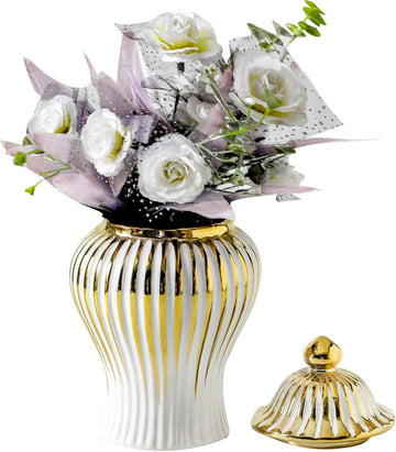 Ginger Jar, Small White Gold Vase for Decor Decor, Modern Handmade Decorative Flower Vase, Ceramic Ginger jar