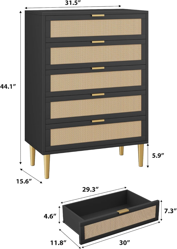 44'' Tall Rattan 5 Drawer Dresser, Narrow Wooden Vertical Dresser with Metal Legs and Handles, Modern Chest of
