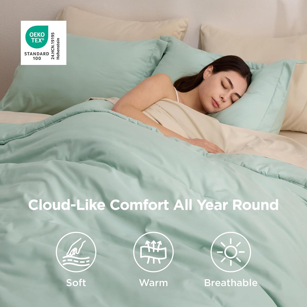 Comforter Set - 7 Pieces Sage Green Bedding Set for All Seasons