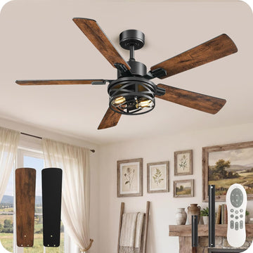 42 Inch Farmhouse Ceiling Fan with Lights and Remote, Timer, Dual Finish 5 Blades (Walnut and Black), 6 Speeds