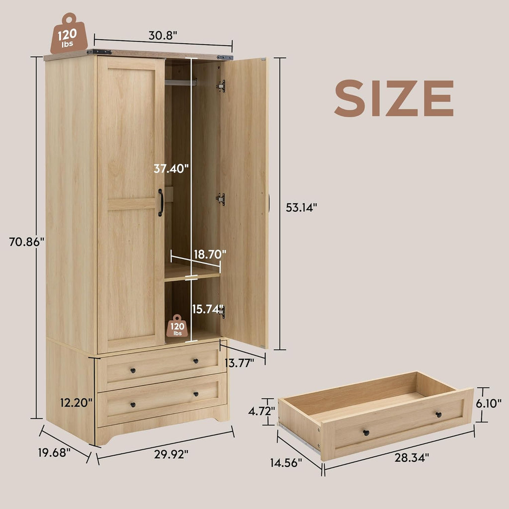 Wooden Armoire Wardrobe Closet with Drawers, Natural, Set of 2 | 4 Modern Doors, Freestanding, with 4 Drawers and