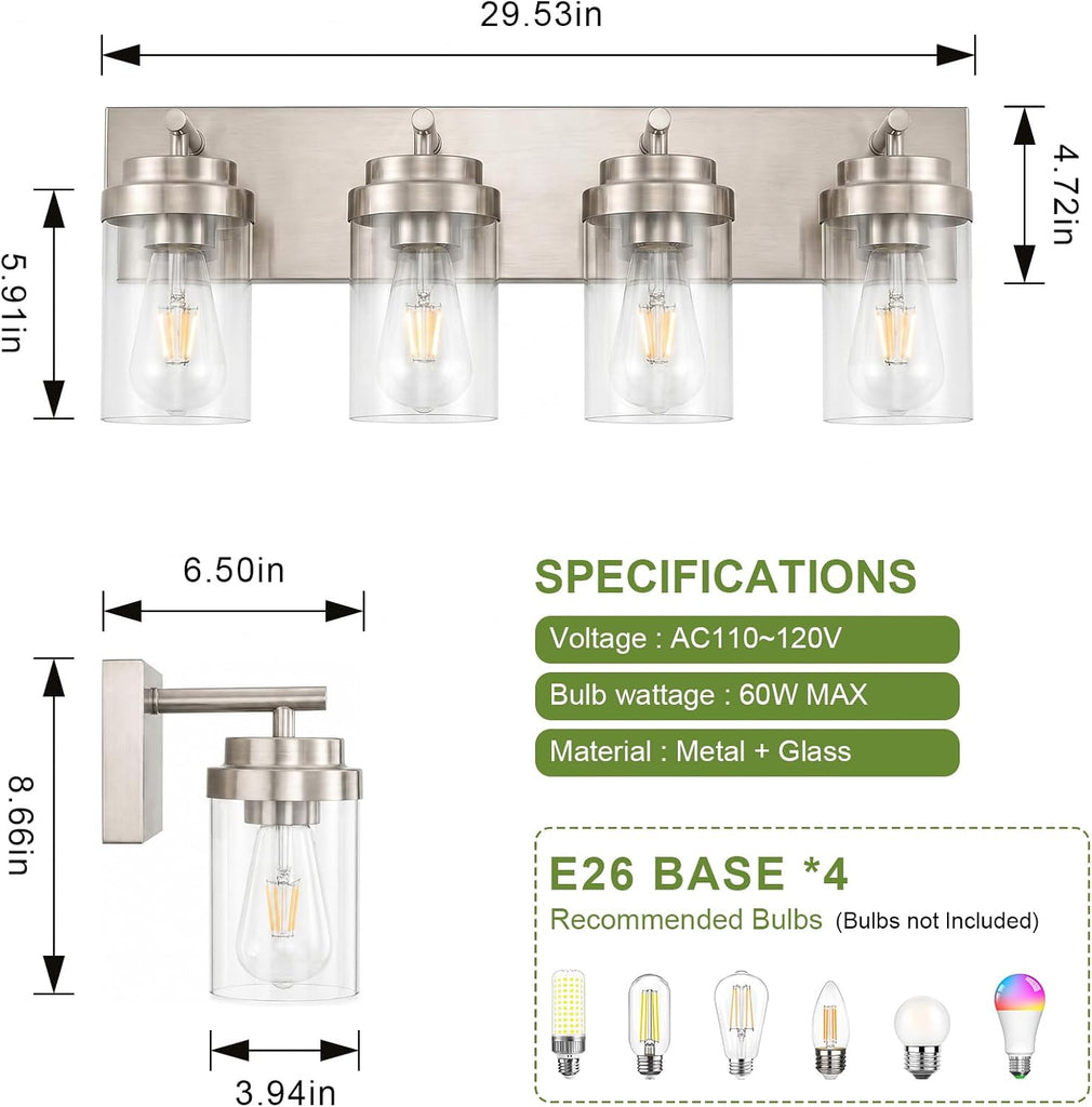 4-Light Bathroom Light Fixtures, Brushed Nickel Vanity Lights | Modern Bathroom Lighting Fixtures Over Mirror, Vanity