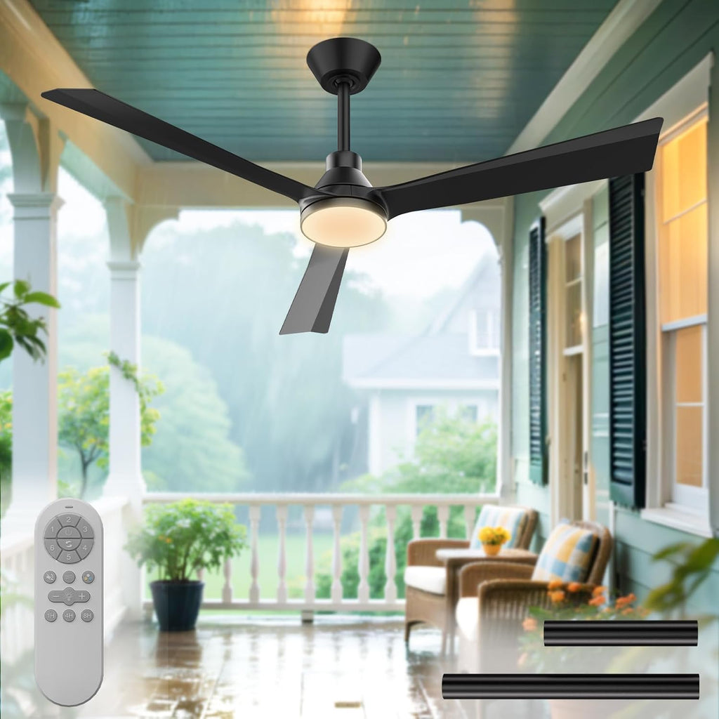 52 Inch Ceiling Fans with Lights and Remote, ETL Quiet Reversible DC Full Copper Motor, 2 Downrods, 3 CCT Dimmable, 6 Speeds Outdoor Ceiling Fans for Patios Porch Bedroom Living Room Black