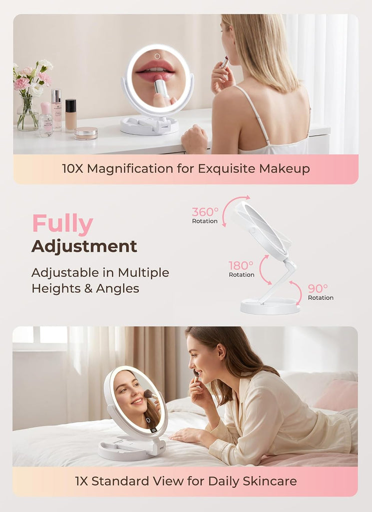 Lighted Travel Makeup Mirror, 1X & 10X Magnification, 3 Light Modes, Double Sided Magnification