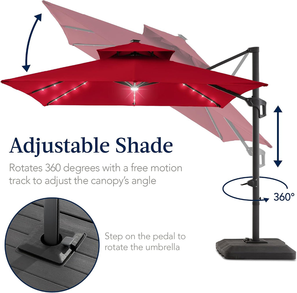 12x12ft LED Cantilever Patio Umbrella w/Base Included & 360° Rotation - Red