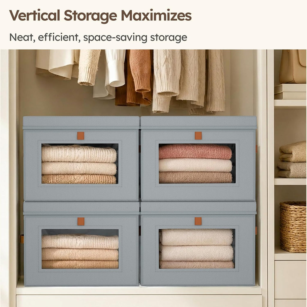 Storage Bins with Lids - Front Opening Storage Box with Clear Window & Handles, Stackable Foldable Fabric Bins for