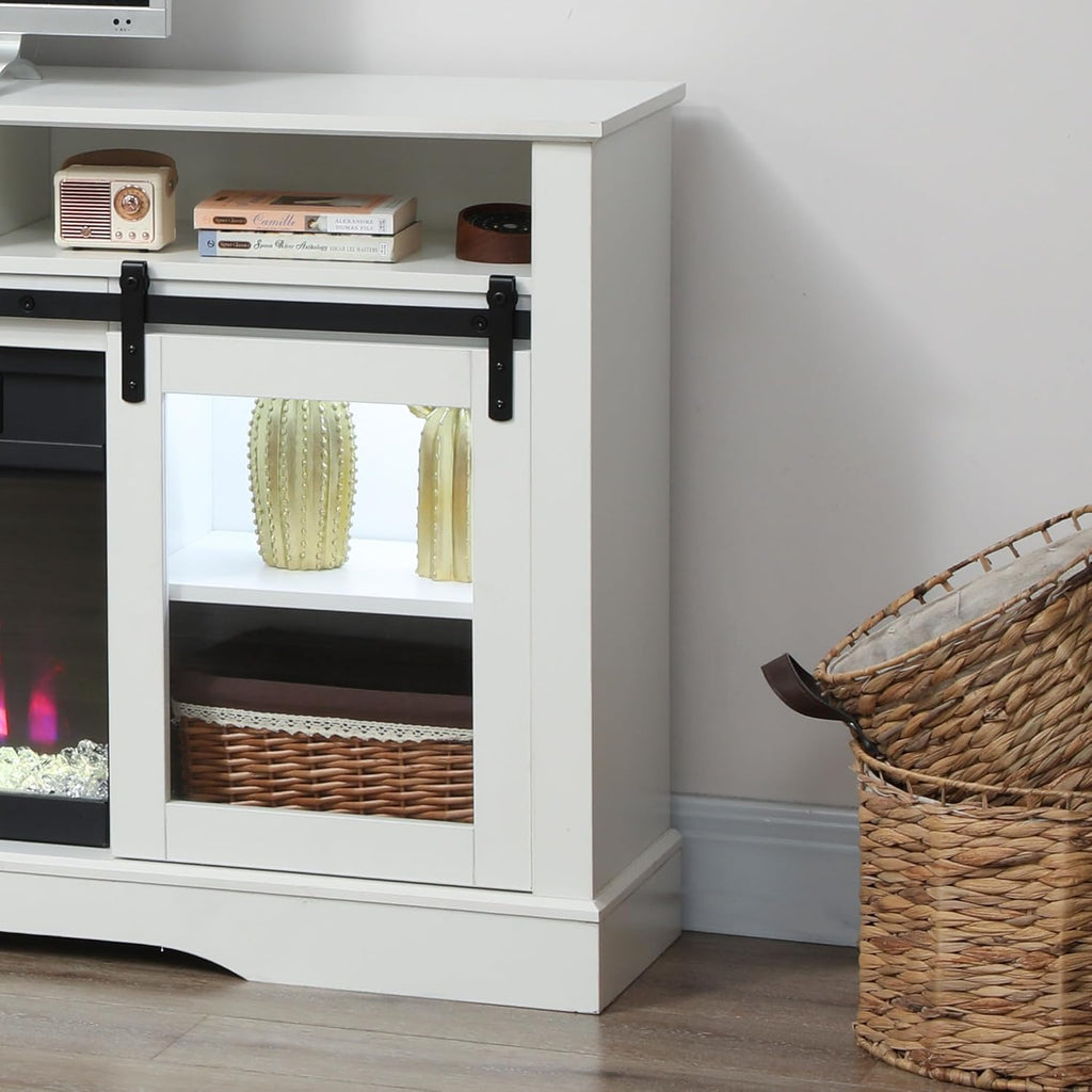 Fireplace TV Stand for TVs Up to 80 Inches, Modern Entertainment Center with 36" Glass Electric Fireplace & LED