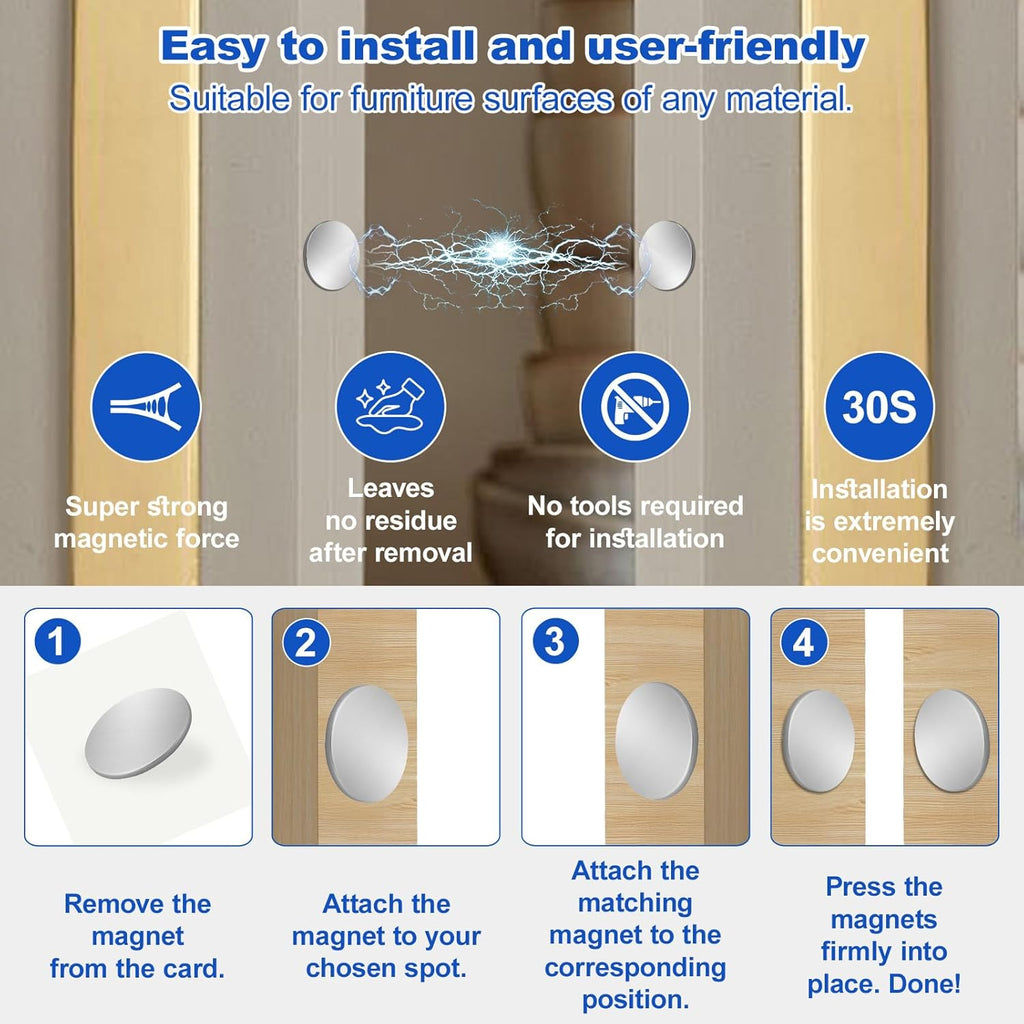 Magnetic Door Catch, Ultra Thin Cabinet Magnets for Closure, Adhesive Drawer & Cabinet Latches, Stainless Steel Easy to