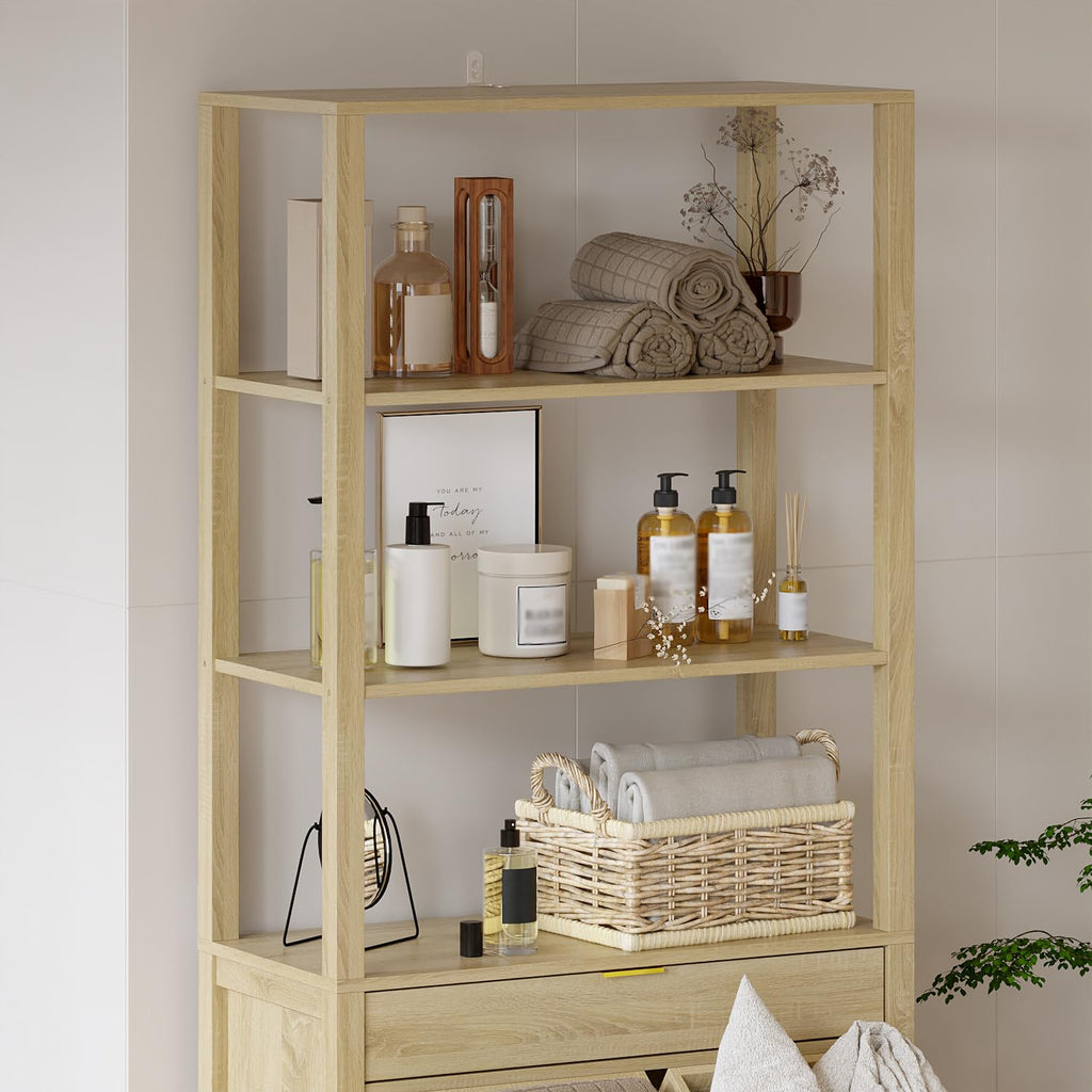 Double Tilt Out Laundry Hamper with Drawer, Hidden Laundry Hamper Cabinet with Open Shelves & 2 Tilt Out Trash
