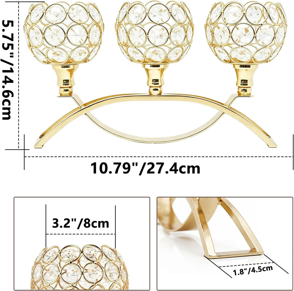 3-Arm Arched Crystal Candelabra, Gold Candle Holder Table Centerpiece, Dining, Party, Thanksgiving & Christmas