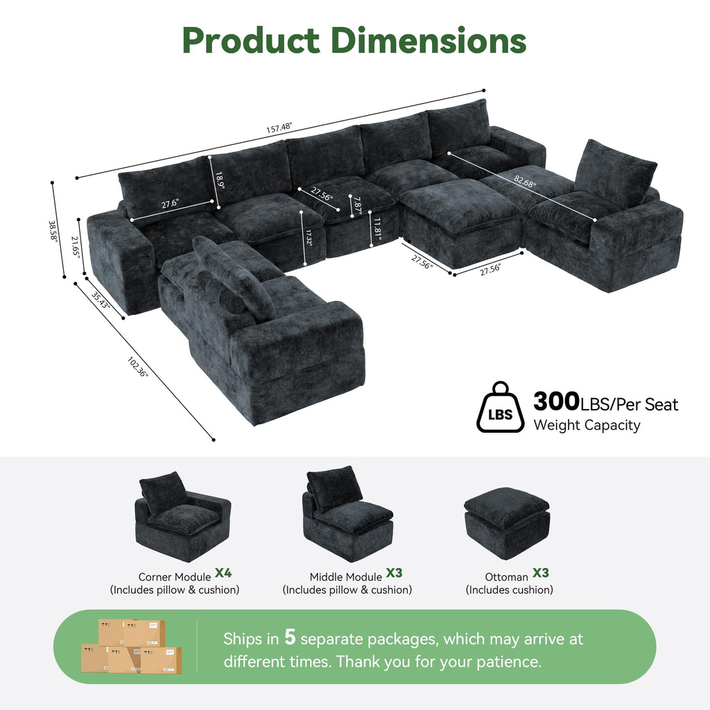 157" U Shaped Modular Sectional Sofa, 10 Seat Cloud Couch, Grey