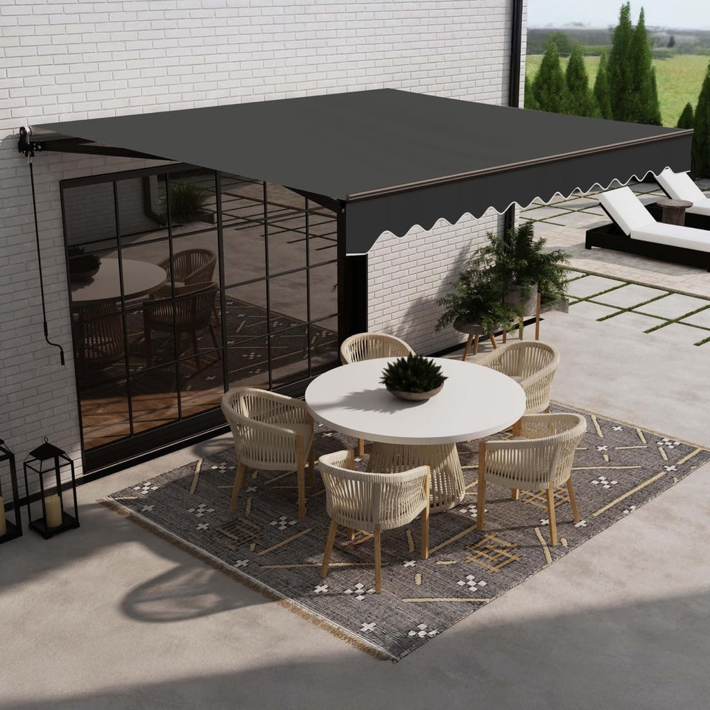 Manual Patio Awning with Black Frame, 13x10 Onyx Black | Hand-crank retractable sunshade, adjustable pitch