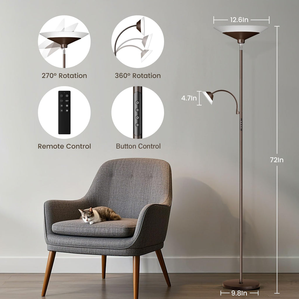 Brown Torchiere LED Floor Lamp - 72" Rotating Standing Lamp with Remote, 34W Dimmable Floor Light with Color