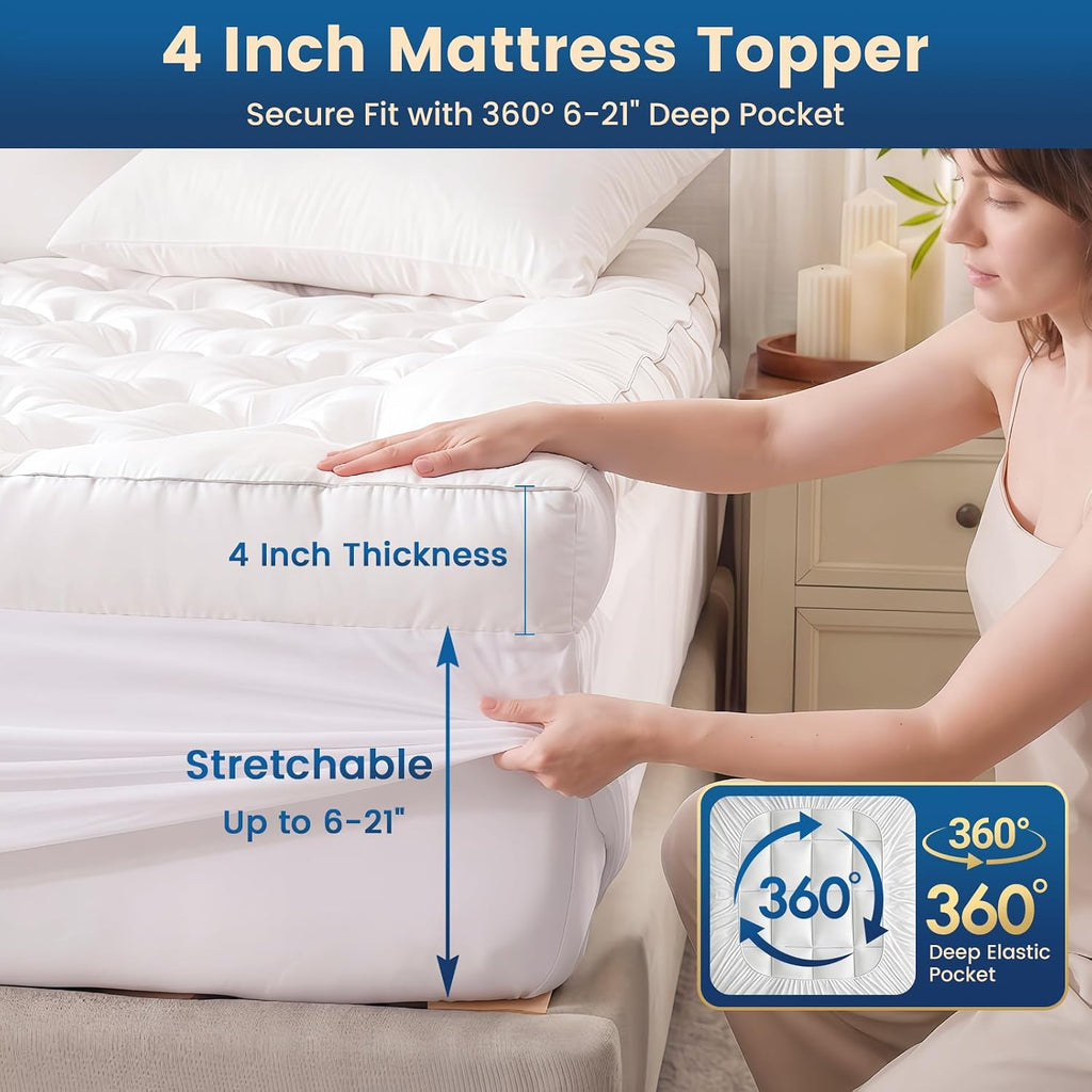 4 Inch Memory Foam Mattress Topper Full Size for Back Pain Relief | Quilted Pillow Top Fitted Mattress Pad with 360°