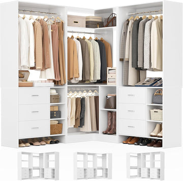 Closet System with 6 Drawers, 4 Hanging Rods & Corner Tower, Corner Closet System with Hanging, 92.6" L-Shaped