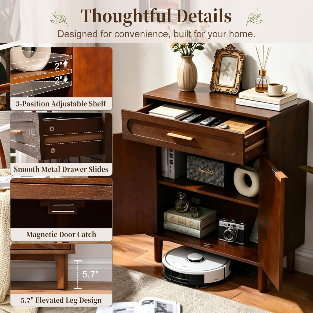 Mid Century Modern Accent Cabinet with Drawer and Carved Leaf Pattern Doors, Storage Sideboard Cabinet with