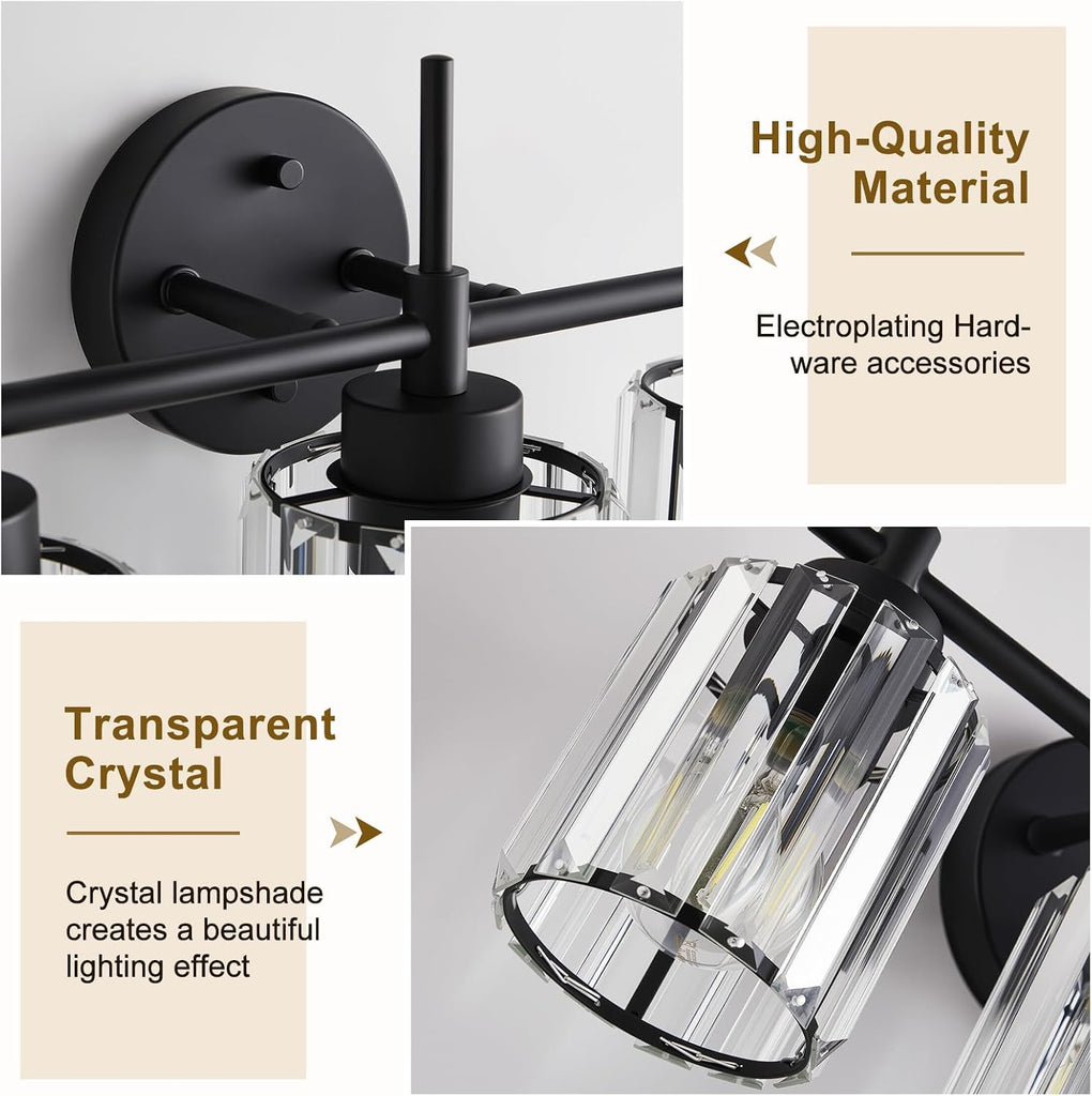 3 Light Black Crystal Vanity Light, Modern Bathroom Vanity Light Over Mirror, Up and Down Mount Wall Sconce Lighting