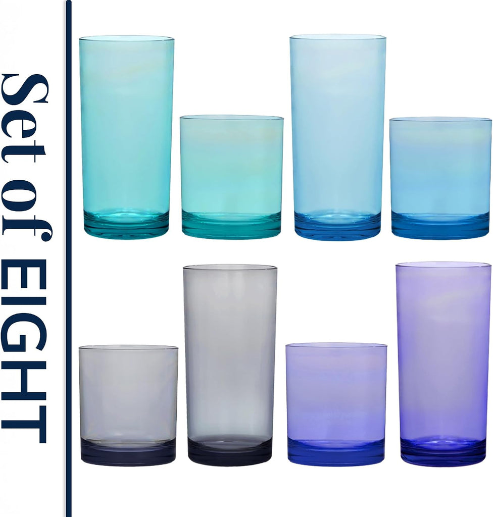 Classic Plastic Reusable Drinking Glasses (Set of 8) 12oz Rocks & 16oz Water Cups in Coastal Colors | BPA-Free