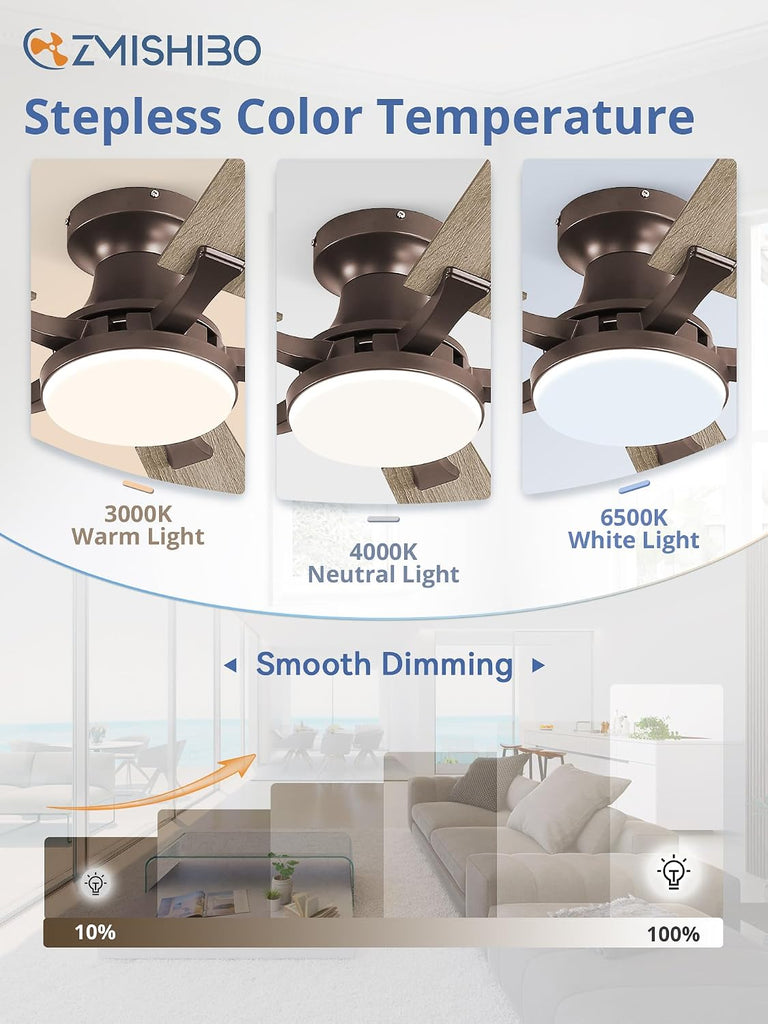 52 Inch Ceiling Fan with Light, App&Remote Control, Flush Mount Low Profile, Dimmable 20W LED Light, Quiet Reversible Motor for Bedroom, Living Room, Apartment, Brown