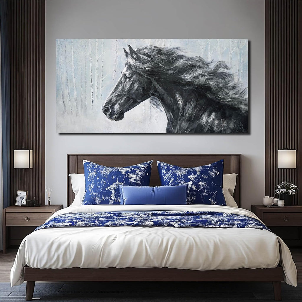 Extra Wide Panoramic Horse Canvas Wall Art, Black and White Equine Portrait Artwork, Misty Birch Forest, Rustic