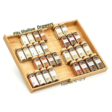 Bamboo Spice Drawer Organizer Expandable(Fits 2.6" Deep or Deeper Drawers), 4-Tier Spice Rack Drawer Insert