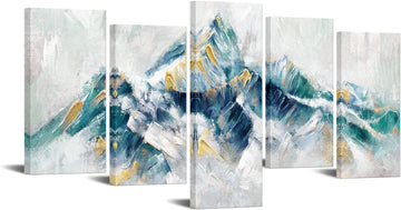 Large 5 Piece Abstract Canvas Wall Art Teal Green and Gold Mountain Painting Prints Modern Green Artwork Office