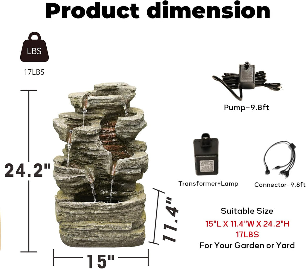 24.2" H Rock Cascading Water Fountain Outdoor&Indoor, 6-Tier Garden Fountains, Floor-Standing Waterfall with Lights