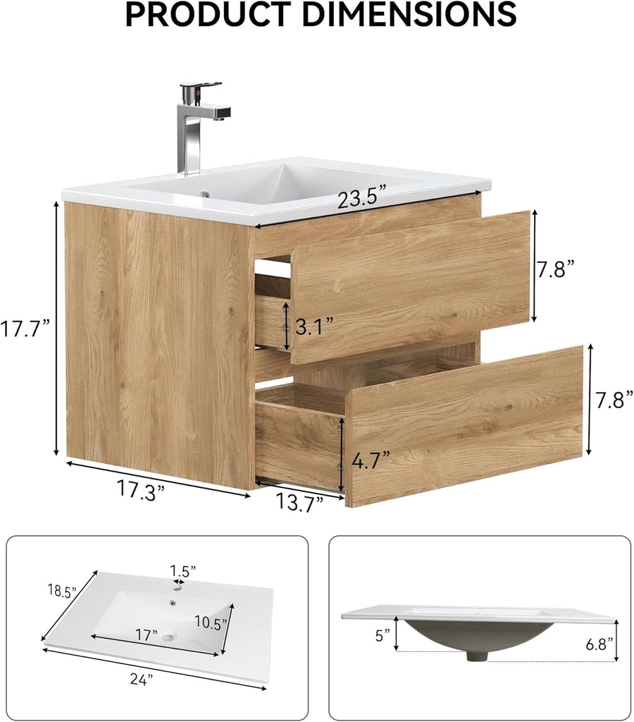 Wall-Mounted Bathroom Vanity with Sink and 2 Soft-Close Drawers