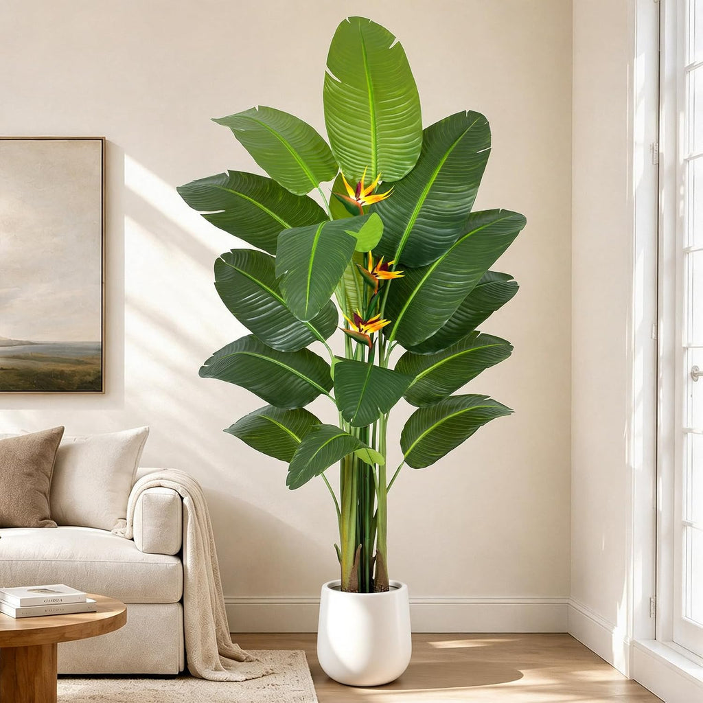 Bird of Paradise Artificial Plant in White Pot, 7ft Tall Faux Banana Leaf Tree with 3 Tropical Bird Flowers & 15