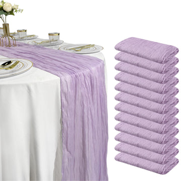 12 Pack Lilac Purple Cheesecloth Table Runner - 10FT x 12pcs Boho Gauze Table Runners for Spring Wedding, Birthday