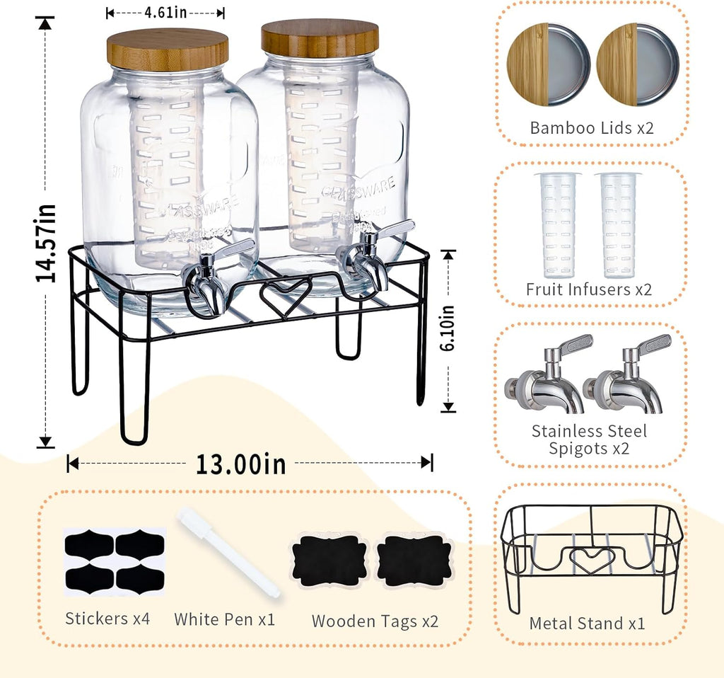 1Gallon for Parties, Beverage Dispenser with Stand and Fruit Infuser,Lemonade Dispenser with Stainless Steel - Set of 2