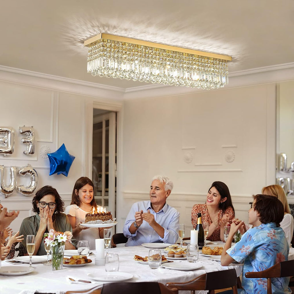 Rectangular Gold Crystal Chandelier, 8-Light Modern Dimmable K9 Crystal Raindrop Chandelier, Luxury Rectangle Flush