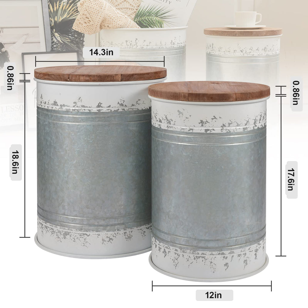 2 Pack Farmhouse Accent Side Table, Rustic Storage Ottoman Seat Stool with Round Wood Lid, Galvanized Metal Storage