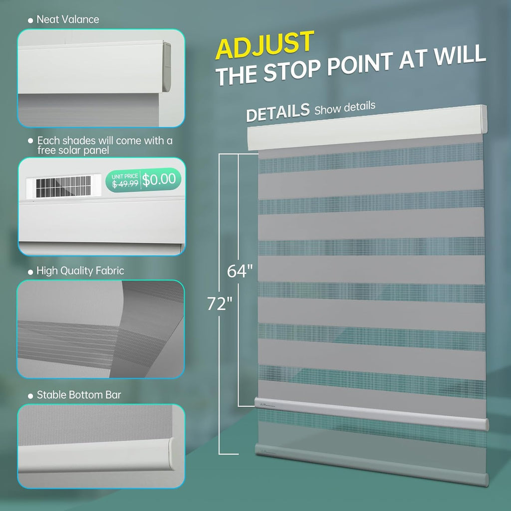Motorized Zebra Blinds, Solar Powered Dual Layer Automatic Shades with Remote Control, Rechargeable Smart Blinds