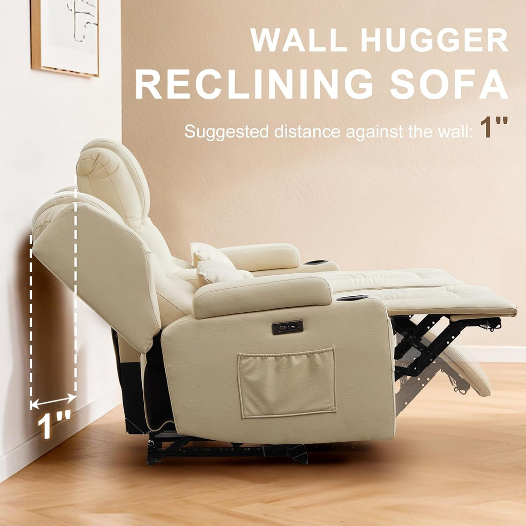 RV Power Loveseat Recliner Sofa, Leathaire Fabric Wall Hugger Reclining Loveseat with Console and Cup Holders