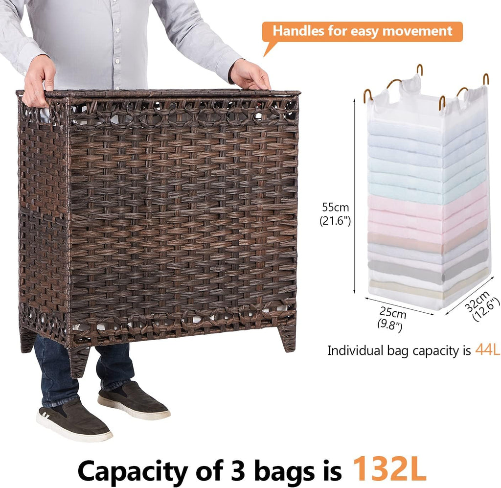 Laundry Hamper with 3 Removable Liner Bags, 132L Laundry Sorter with Lid | Raised Feet; Side Carry Handles; Handwoven