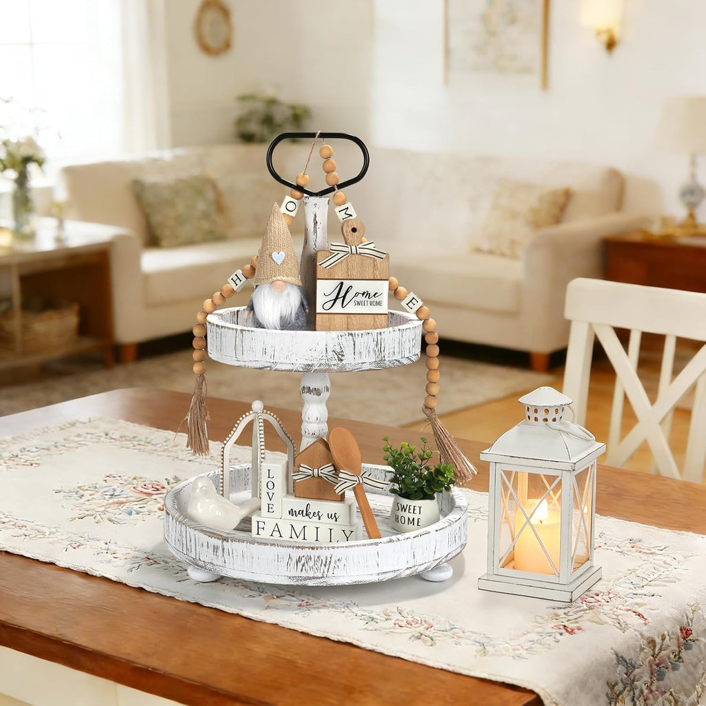 Farmhouse Tiered Tray Decor Set, 8 PCS Rustic Sweet Home Tabletop Decorations with Wooden Signs Lantern Plant Gnome