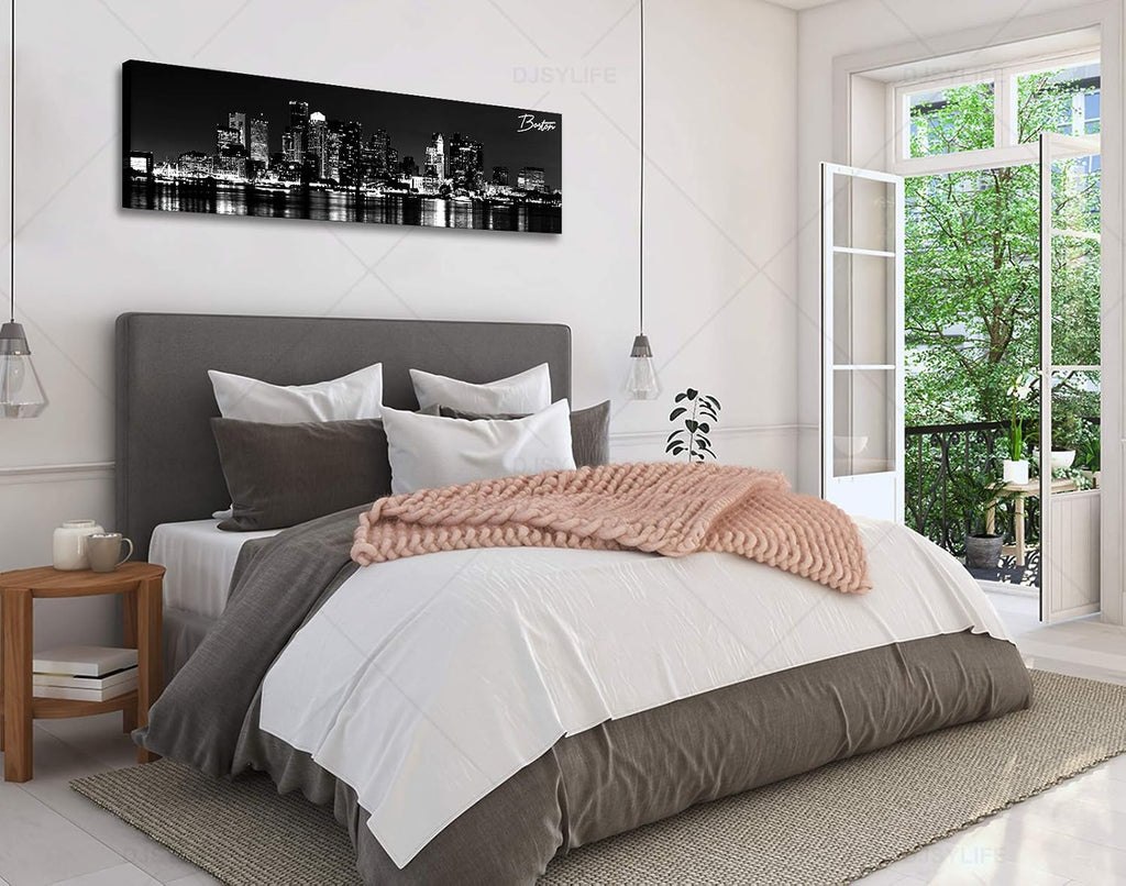 Boston Canvas Wall Art Black White Cityscape Decor 13.8"x47.3" | Panoramic Skyline Print, Ready to Hang Decoration