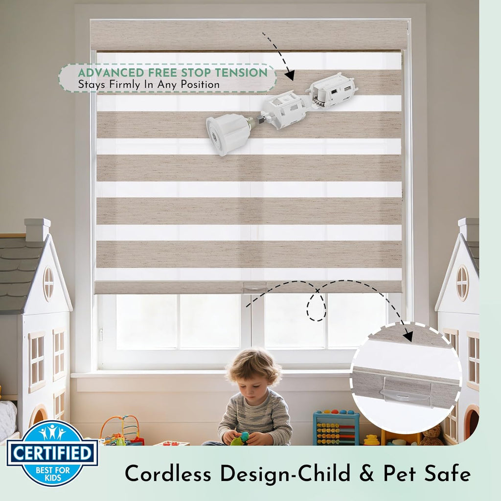 Linen Zebra Blinds for Indoor Windows, No Drill No Tools Windows Shades for Home, Light Filtering Shades for Privacy