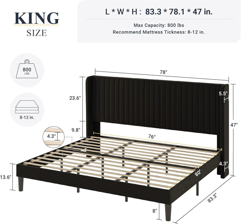 King Velvet Bed Frame/Vertical Channel Tufted Wingback Headboard/Upholstered Platform Bed/Strong Wooden Slats/No Box