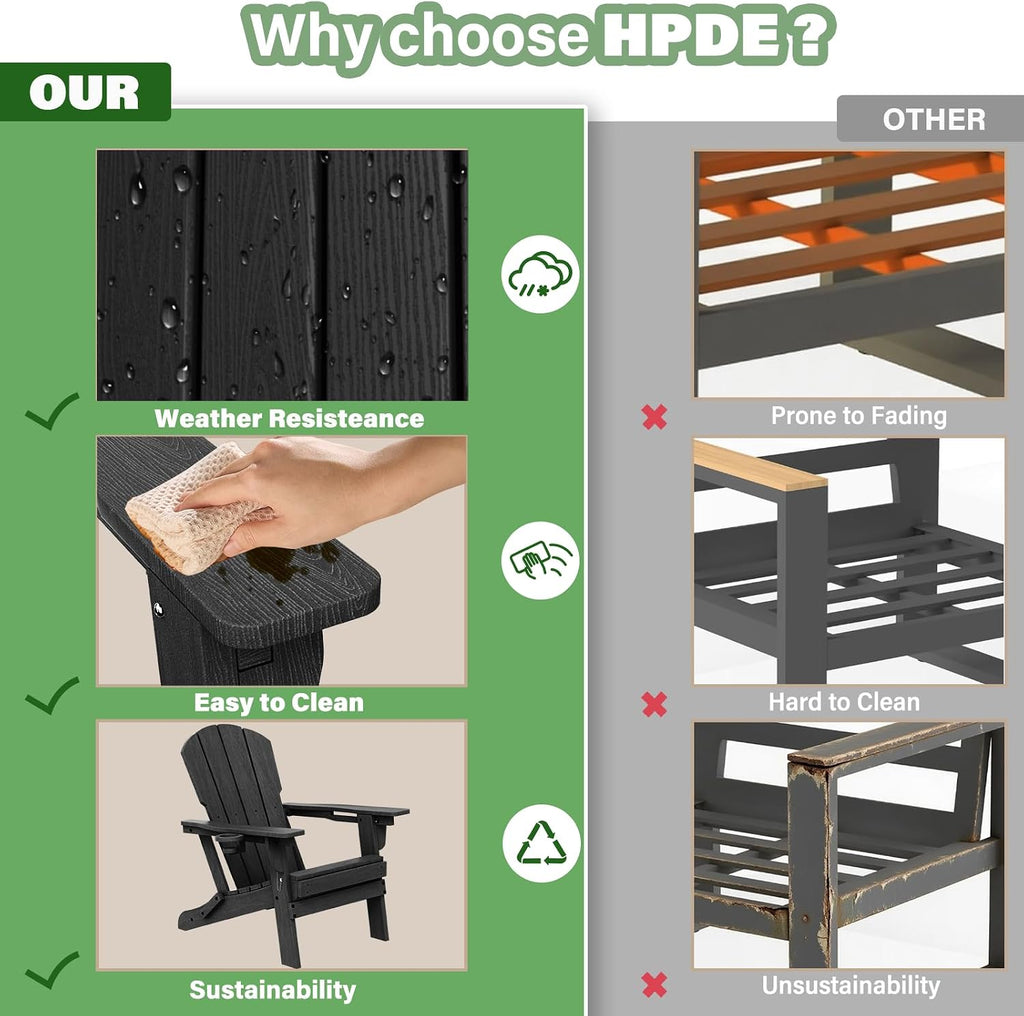 Folding Adjustable Adirondack Chair with Retractable Ottoman, HDPE Recliner Adirondack Chair with Cup Holder for Deck