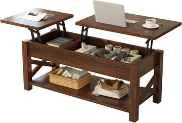 Coffee Table, 47.2" Lift Top with Hidden Compartment, 2 Way Lift Top Coffee Table with Open Shelf & X Wooded Support