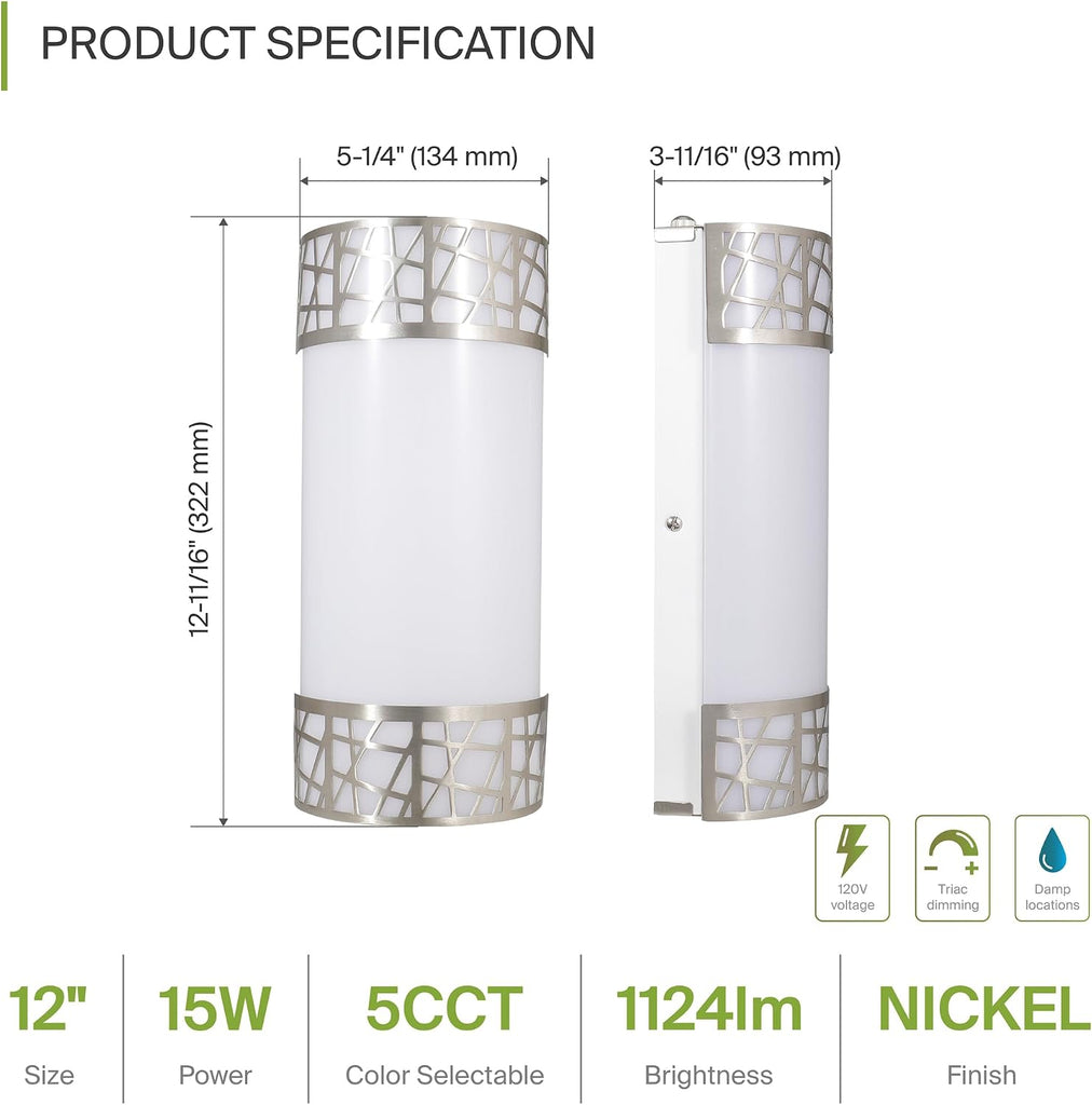 12 Inch LED Indoor Wall Sconce - Brushed Nickel Modern Dimmable 15W 2700K-5000K Adjustable Wall Mounted Light